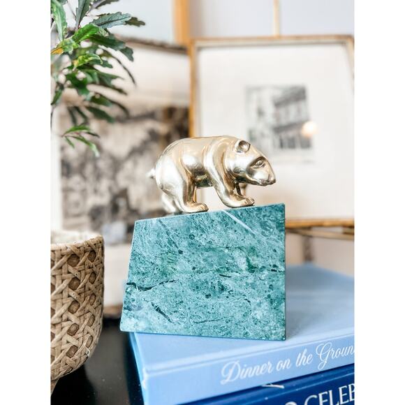 Vintage Green Marble and Brass Bear of Wall Street Bookend - Picture 3 of 4